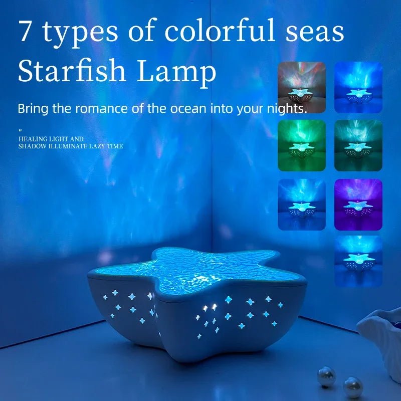 Bedroom Bedside Table Lamp Starfish Led Projector Night Light Rechargeable RGB Ocean Wave Romantic Mood Light Party Room Decor - Veloxa